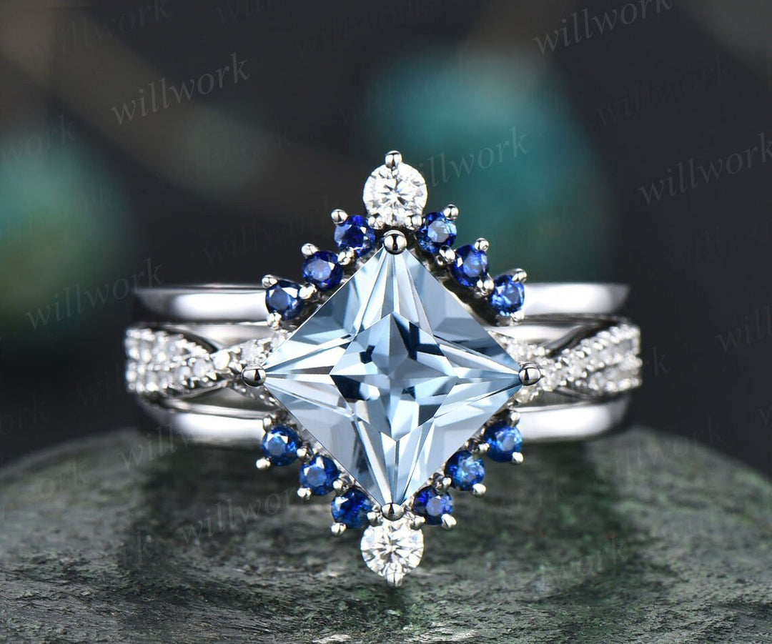Vintage princess cut Aquamarine engagement ring solid 14k yellow gold twisted diamond ring natural sapphire bridal wedding ring set women