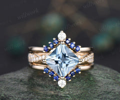 Vintage princess cut Aquamarine engagement ring solid 14k yellow gold twisted diamond ring natural sapphire bridal wedding ring set women