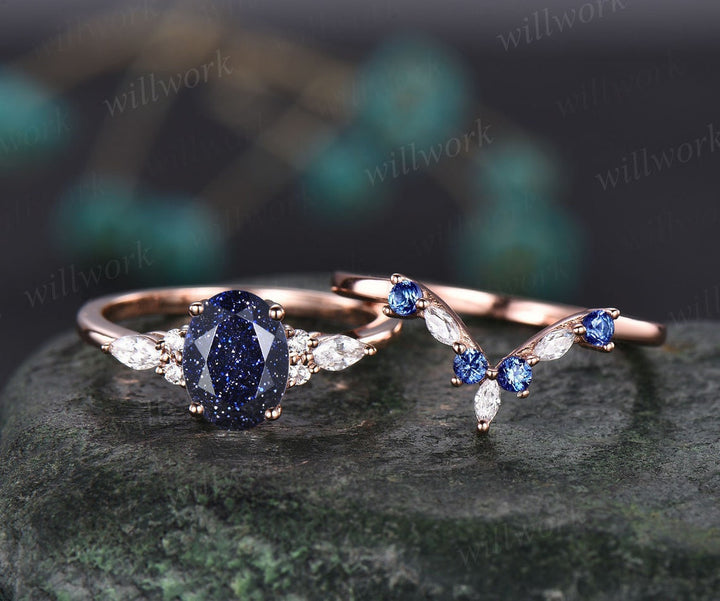 Oval blue sandstone ring vintage sapphire ring solid 14k white gold marquise moissanite ring unique engagement ring bridal set women gift