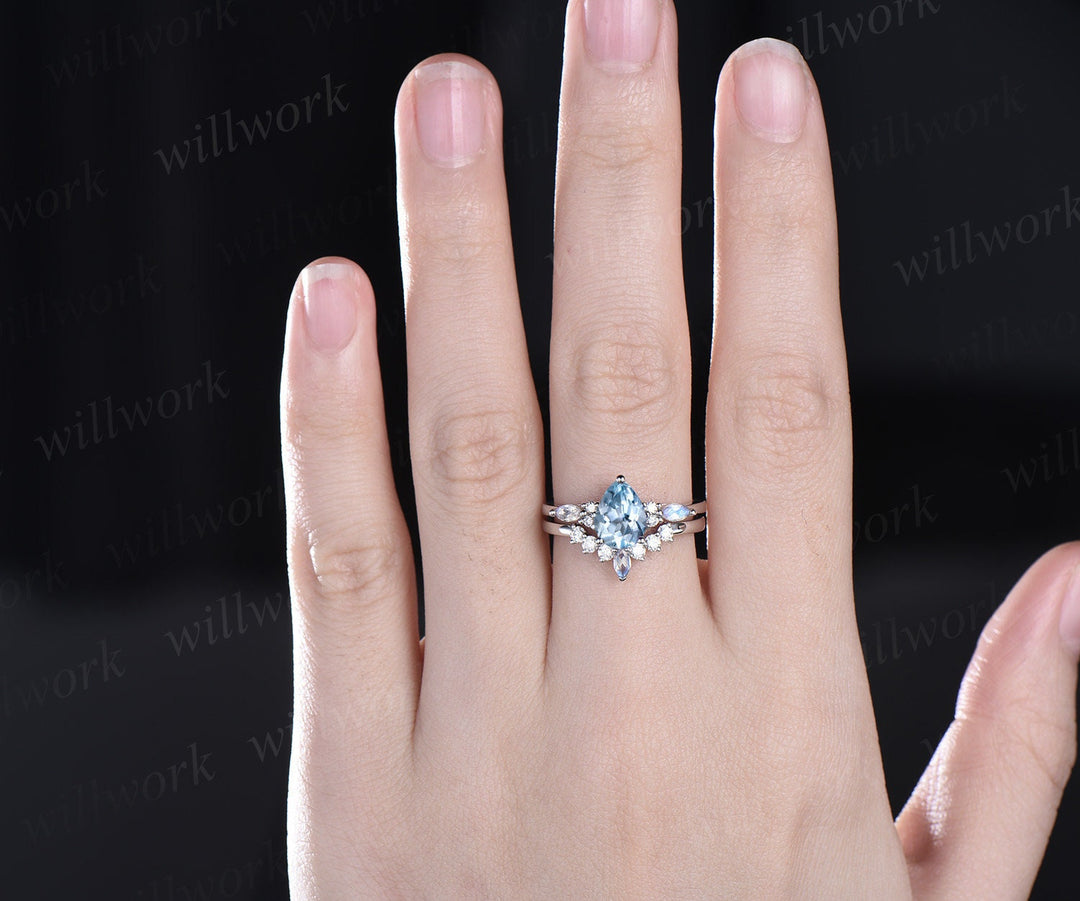 Pear Aquamarine ring vintage marquise moonstone ring solid 14k white gold bridal set unique engagement ring set women fine jewelry