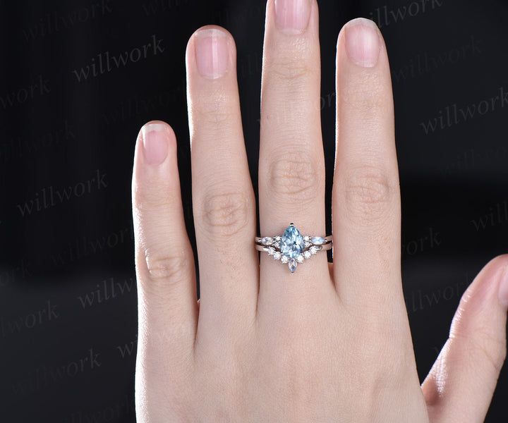 Pear Aquamarine ring vintage marquise moonstone ring solid 14k white gold bridal set unique engagement ring set women fine jewelry