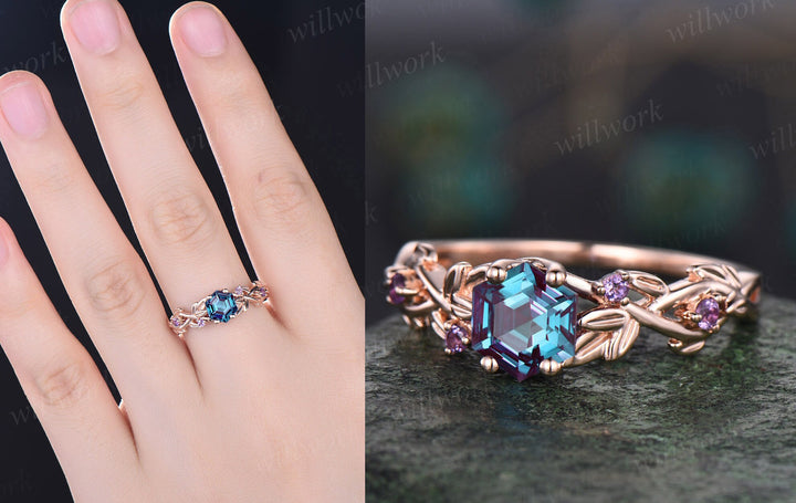 Twig Alexandrite ring vintage hexagon cut Alexandrite engagement ring white gold leaf amethyst ring June birthstone ring anniversary ring