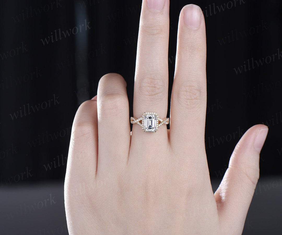 Emerald cut moissanite ring vintage infinity halo unique engagement ring twisted diamond ring yellow gold retro promise wedding ring women