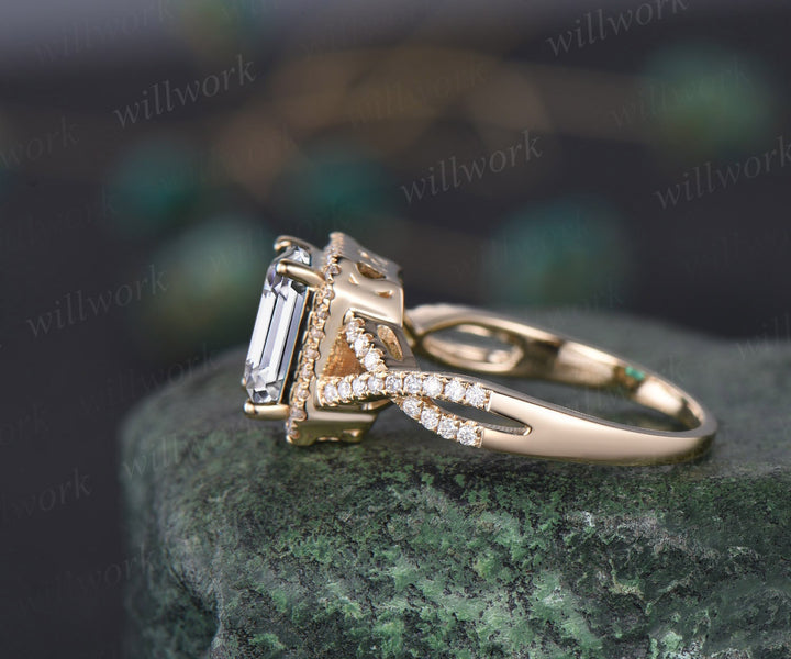 Emerald cut moissanite ring vintage infinity halo unique engagement ring twisted diamond ring yellow gold retro promise wedding ring women