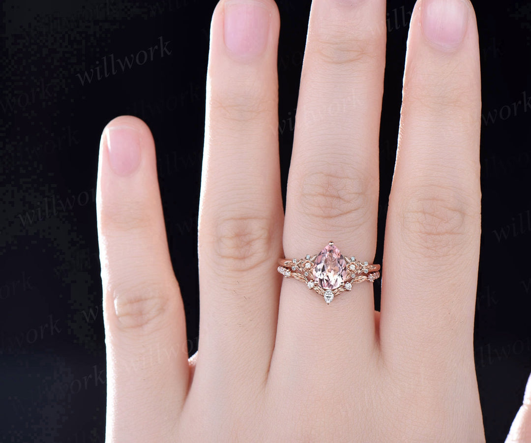 Vintage pear pink morganite engagement ring floral leaf diamond ring solid 14k  rose gold nature inspired bridal wedding ring set women