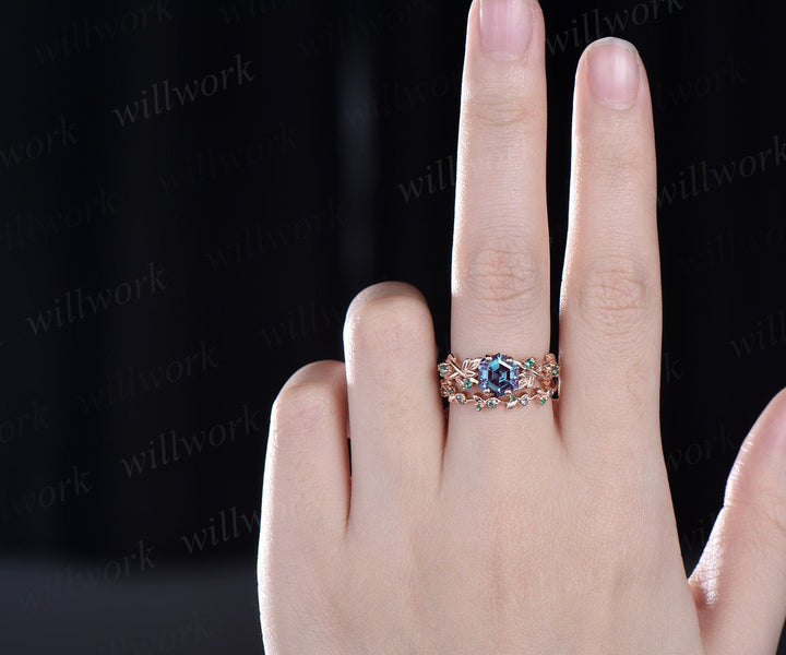 Hexagon alexandrite ring vintage white gold emerald ring women cluster unique twig leaf engagement ring gemstone bridal wedding ring set