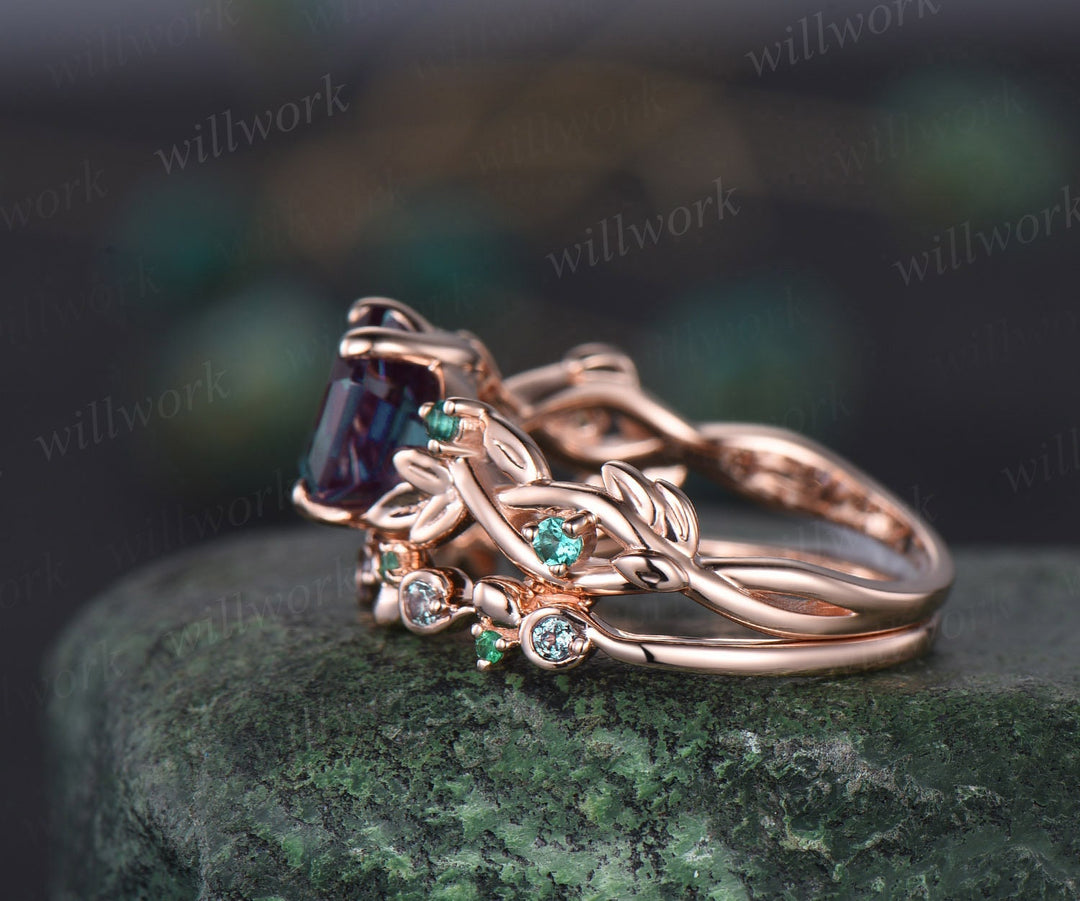 Hexagon alexandrite ring vintage white gold emerald ring women cluster unique twig leaf engagement ring gemstone bridal wedding ring set