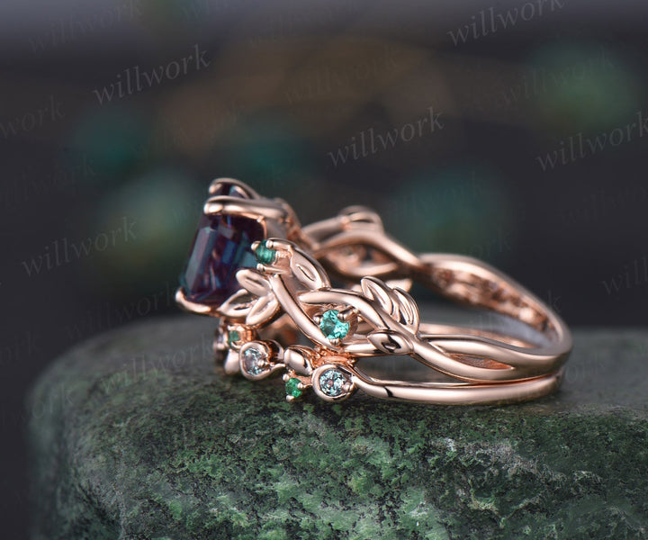 Hexagon alexandrite ring vintage white gold emerald ring women cluster unique twig leaf engagement ring gemstone bridal wedding ring set