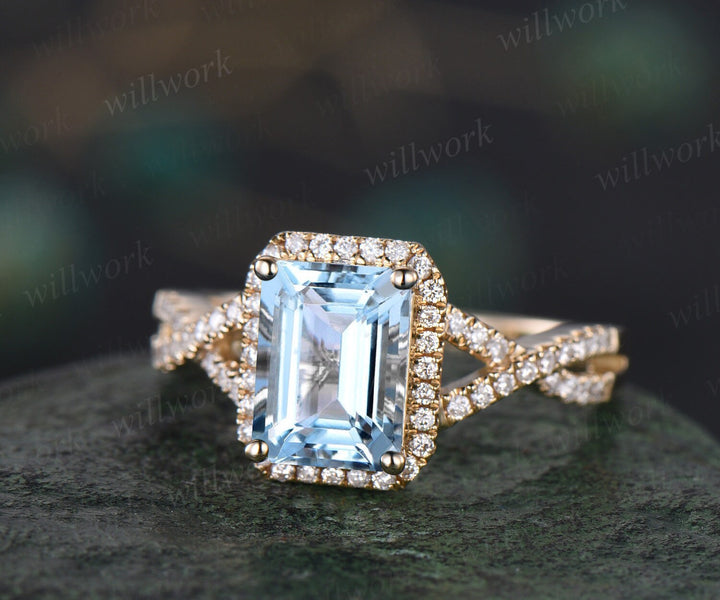 Emerald cut Aquamarine ring vintage infinity halo unique engagement ring twisted diamond ring solid yellow gold promise wedding ring women