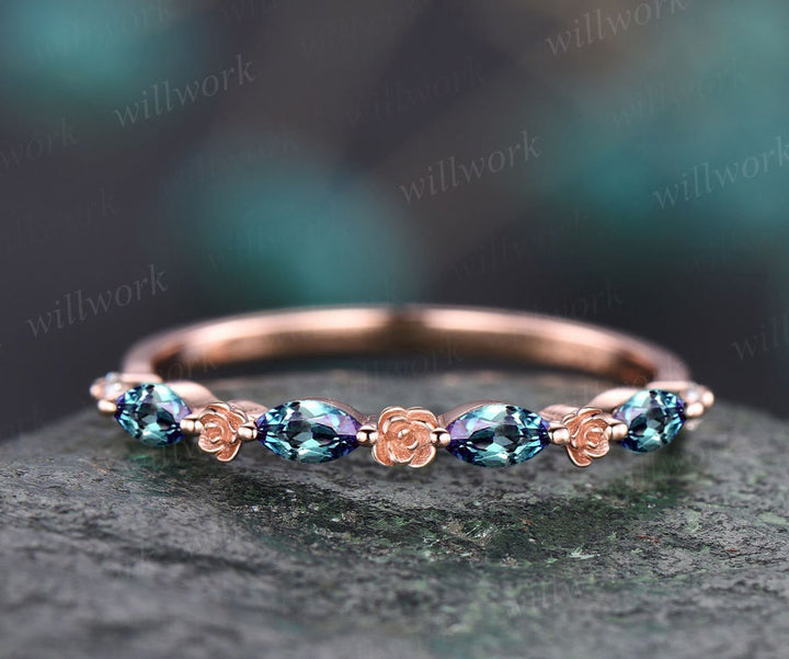 Flower marquise cut alexandrite wedding band solid 14k rose gold half eternity stacking wedding ring art deco bridal anniversary ring gift