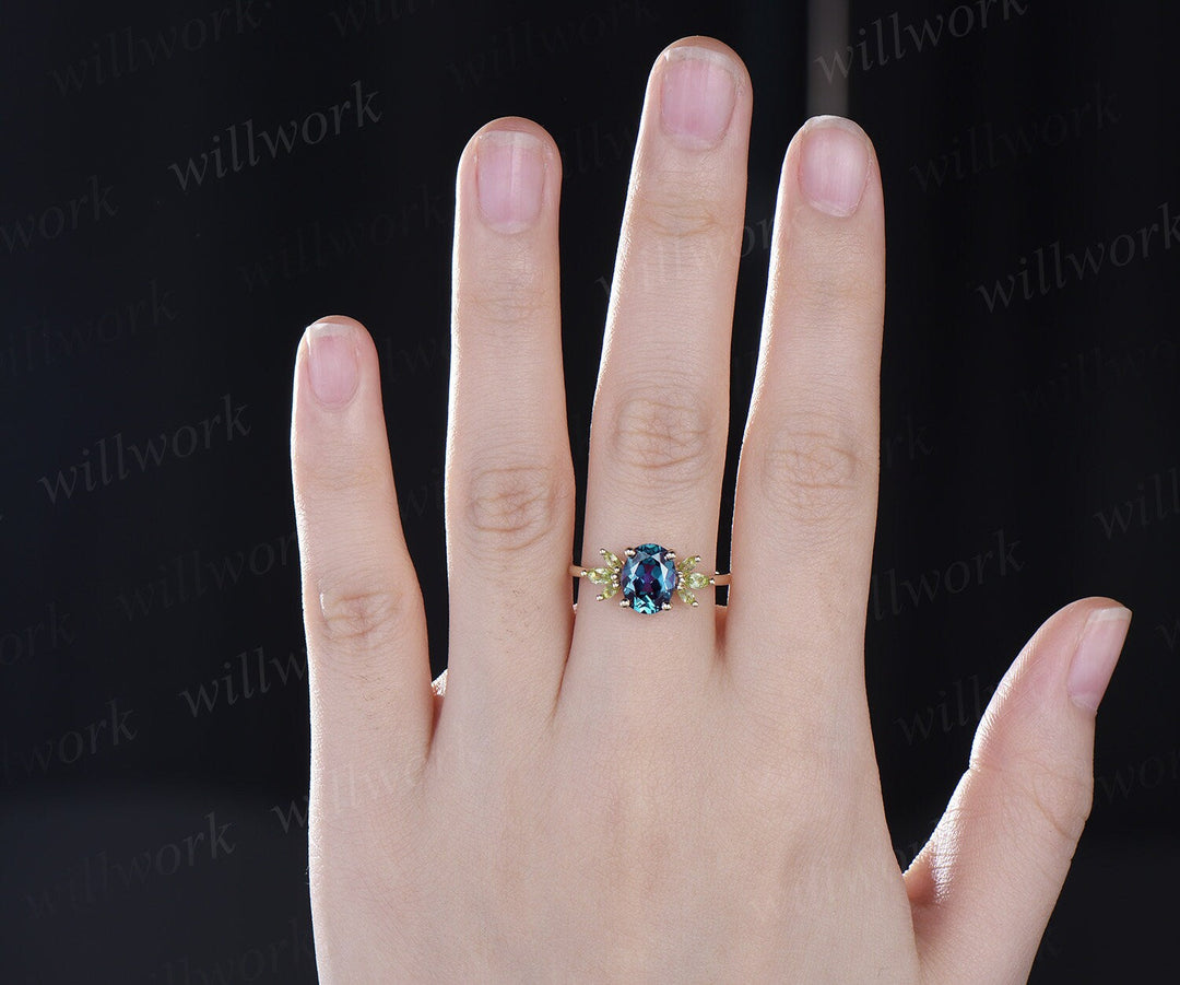 2ct oval cut Alexandrite ring vintage marquise peridot ring yellow gold unique engagement ring women gemstone wing ring promise ring her