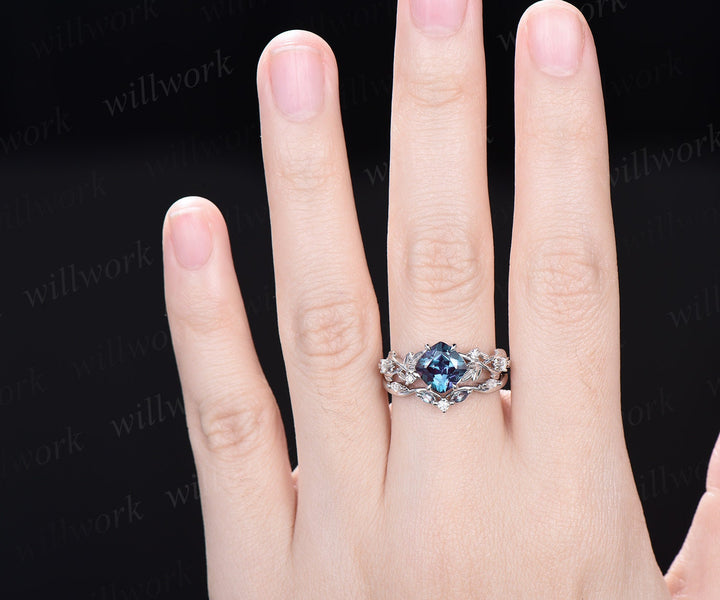 Twig cushion Alexandrite engagement ring set white gold five stone leaf branch Nature inspired ring diamond wedding ring set women gift