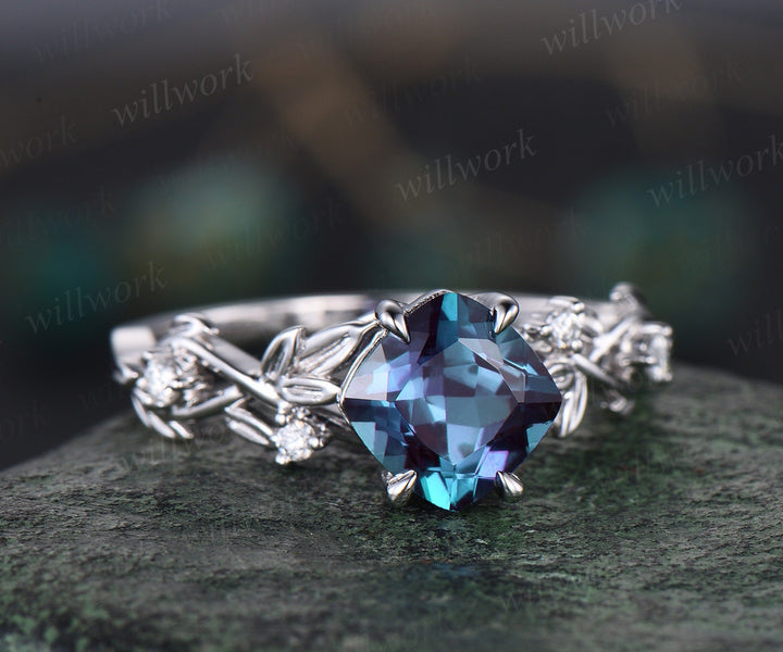 Twig cushion Alexandrite engagement ring set white gold five stone leaf branch Nature inspired ring diamond wedding ring set women gift