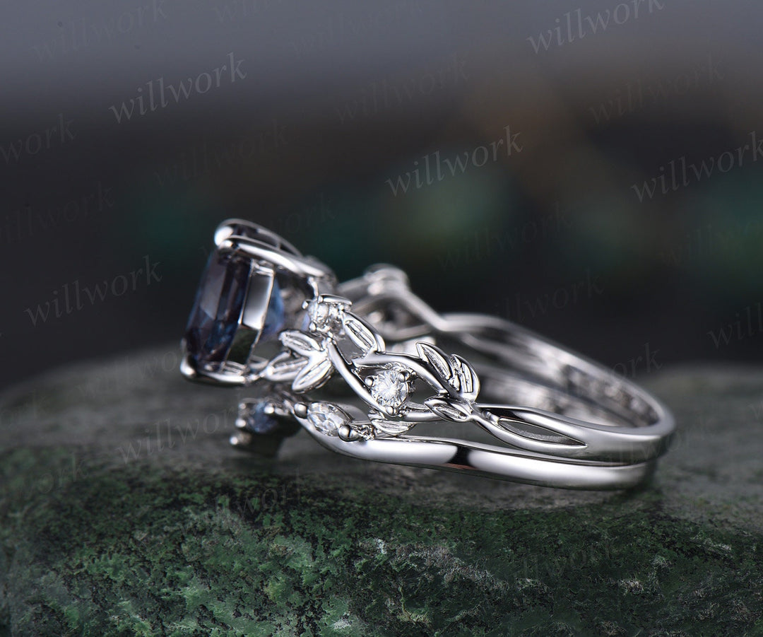 Twig cushion Alexandrite engagement ring set white gold five stone leaf branch Nature inspired ring diamond wedding ring set women gift