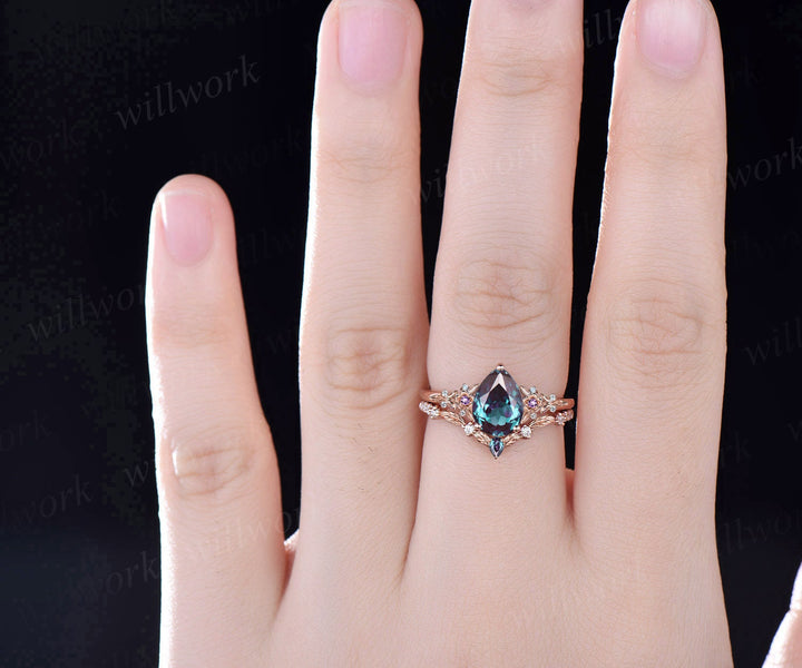 Vintage pear alexandrite engagement ring rose gold leaf flower amethyst ring women unique cluster diamond bridal wedding ring set gift
