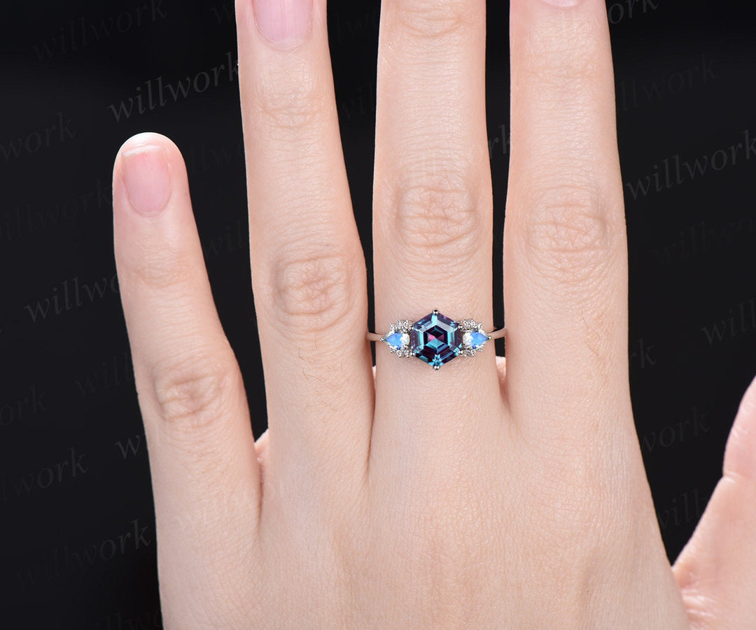 Vintage Hexagon Alexandrite engagement ring 14k white gold pear moonstone amethyst ring women unique Personalized wedding bridal ring gift
