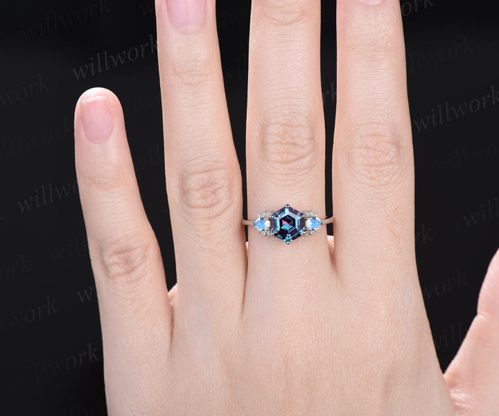 Vintage Hexagon Alexandrite engagement ring 14k white gold pear moonstone amethyst ring women unique Personalized wedding bridal ring gift