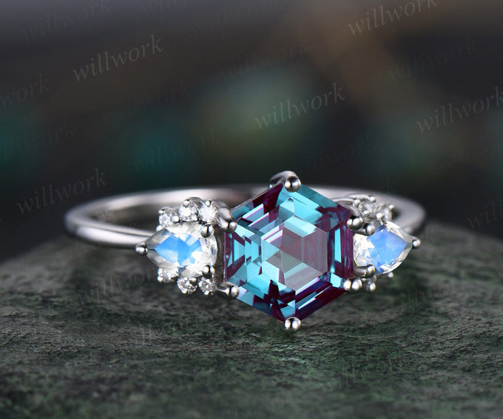 Vintage Hexagon Alexandrite engagement ring 14k white gold pear moonstone amethyst ring women unique Personalized wedding bridal ring gift