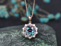 Round 2ct alexandrite necklace solid 14k 18k rose gold vintage unique halo snowdrift diamond pendant women gemstone anniversary bridal gift
