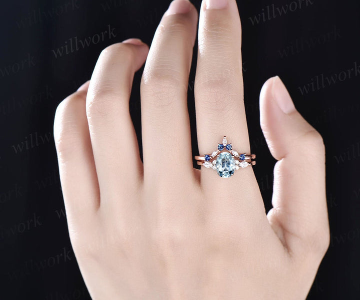 Oval Aquamarine ring vintage natural sapphire ring solid 14k white gold marquise moissanite ring unique engagement ring bridal set women