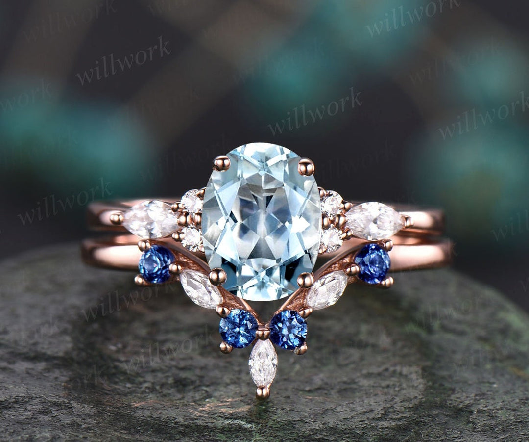 Oval Aquamarine ring vintage natural sapphire ring solid 14k white gold marquise moissanite ring unique engagement ring bridal set women