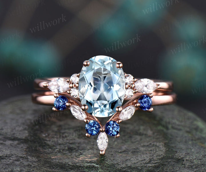 Oval Aquamarine ring vintage natural sapphire ring solid 14k white gold marquise moissanite ring unique engagement ring bridal set women