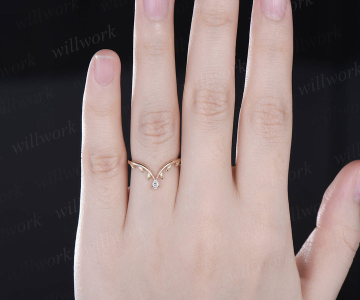 Nature inspired leaf pear diamond wedding band 14k yellow gold art deco vintage moissanite wedding ring band anniversary ring women gift