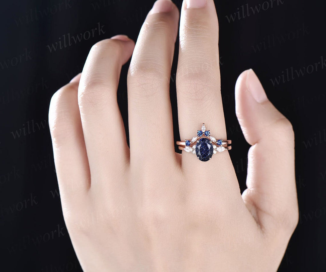 Oval blue sandstone ring vintage sapphire ring solid 14k white gold marquise moissanite ring unique engagement ring bridal set women gift