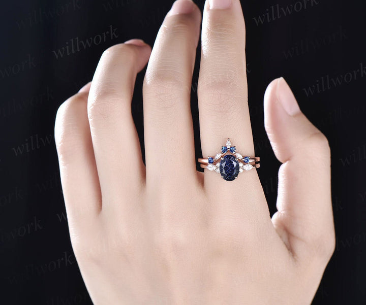 Oval blue sandstone ring vintage sapphire ring solid 14k white gold marquise moissanite ring unique engagement ring bridal set women gift