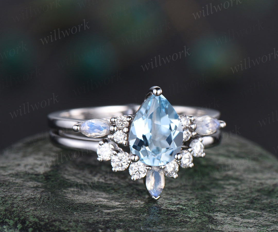 Pear Aquamarine ring vintage marquise moonstone ring solid 14k white gold bridal set unique engagement ring set women fine jewelry