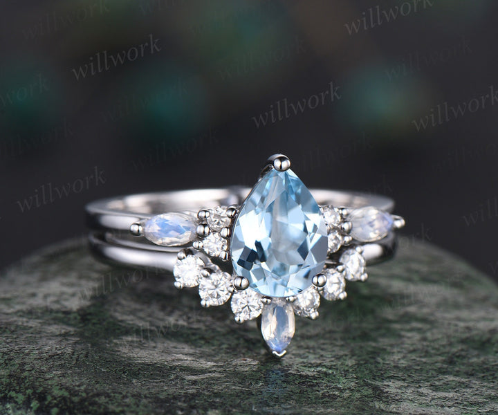 Pear Aquamarine ring vintage marquise moonstone ring solid 14k white gold bridal set unique engagement ring set women fine jewelry