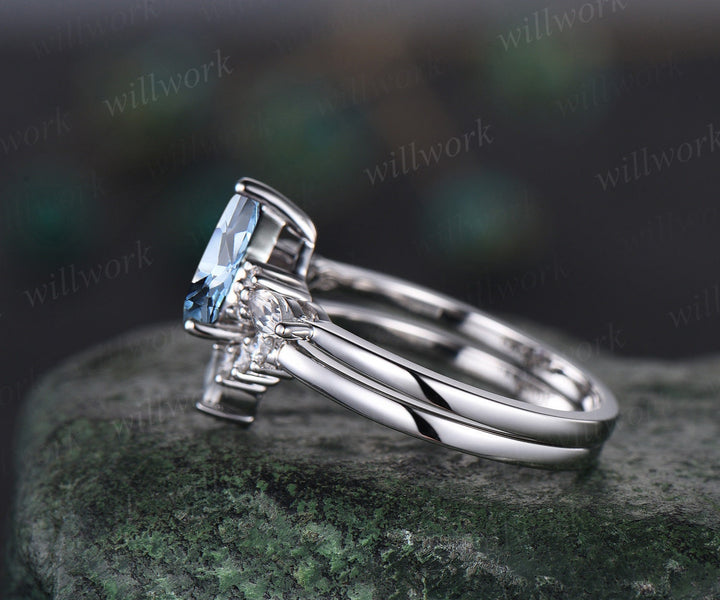 Pear Aquamarine ring vintage marquise moonstone ring solid 14k white gold bridal set unique engagement ring set women fine jewelry