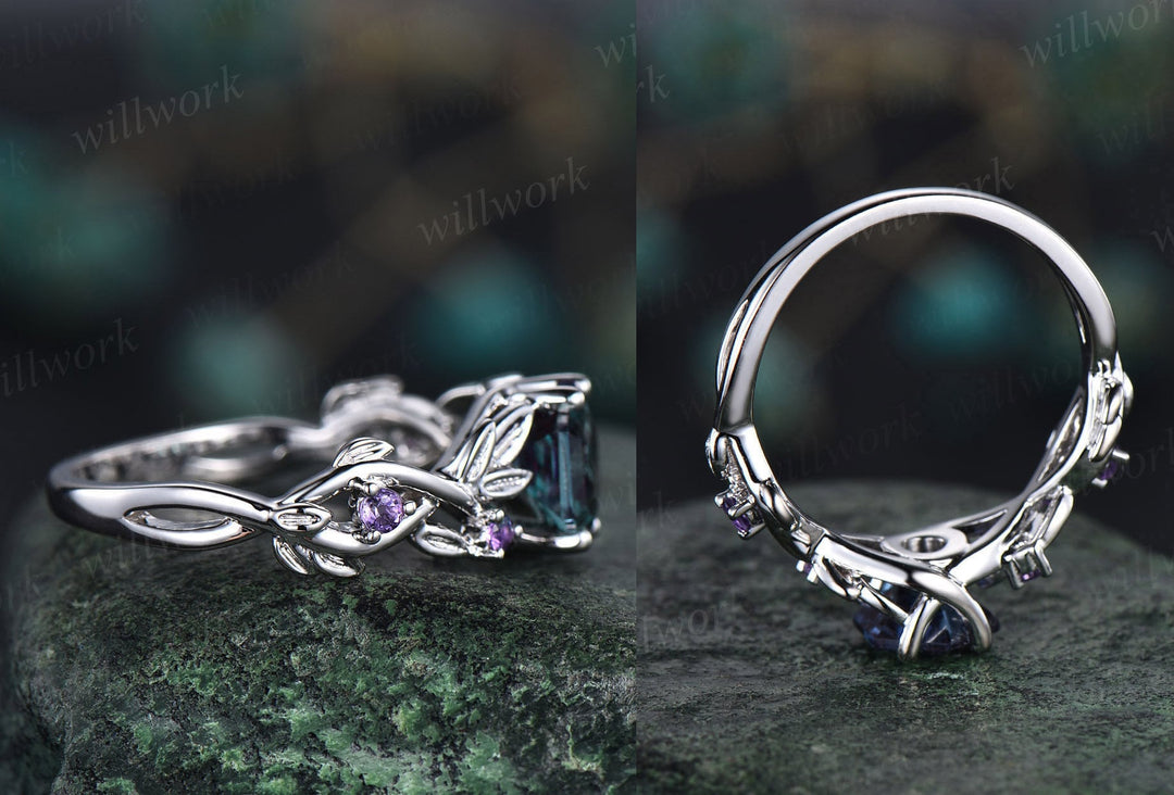 Twig Alexandrite ring vintage hexagon cut Alexandrite engagement ring white gold leaf amethyst ring June birthstone ring anniversary ring