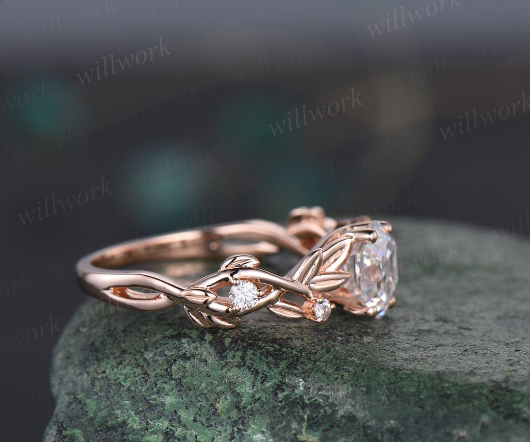 Vintage hexagon cut moissanite engagement ring nature inspired leaf rose gold diamond ring retro twig Twisted promise wedding ring women