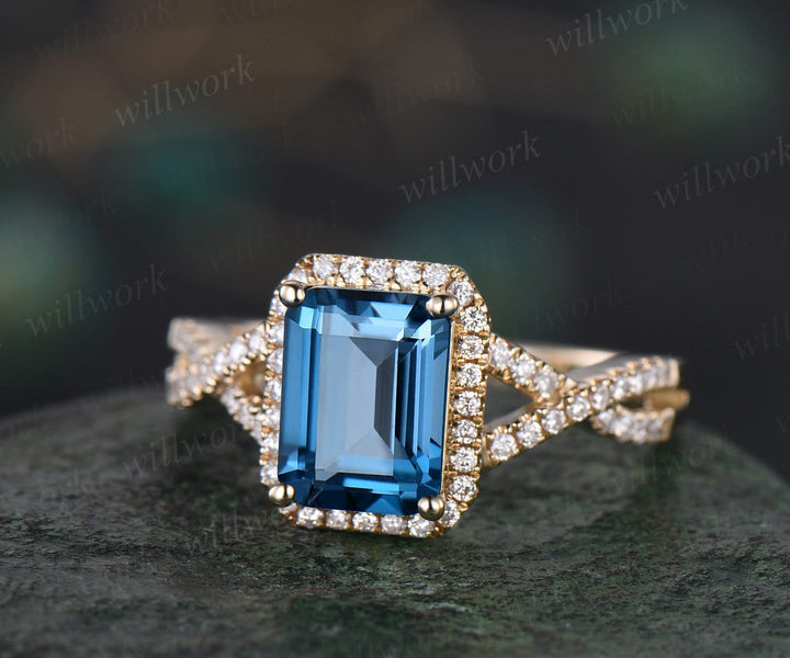 Emerald cut London blue topaz ring vintage infinity halo unique engagement ring twisted diamond ring yellow gold promise wedding ring women