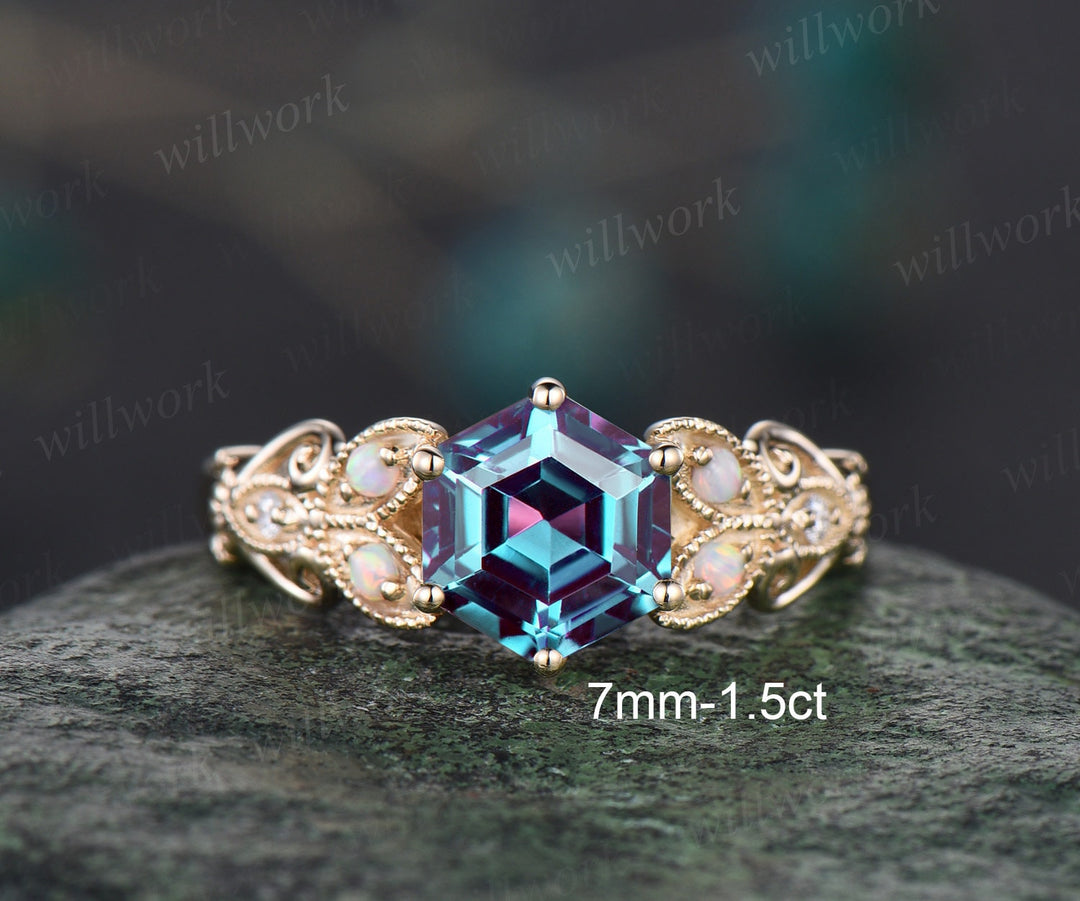 Hexagon Alexandrite ring vintage leaf opal ring 14k yellow gold unique butterfly engagement ring women Milgrain moissanite wedding ring gift
