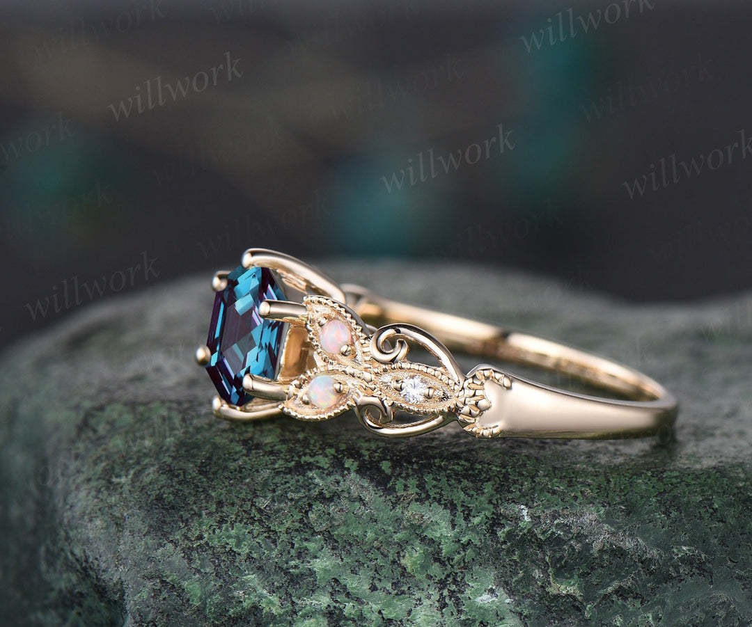 Hexagon Alexandrite ring vintage leaf opal ring 14k yellow gold unique butterfly engagement ring women Milgrain moissanite wedding ring gift