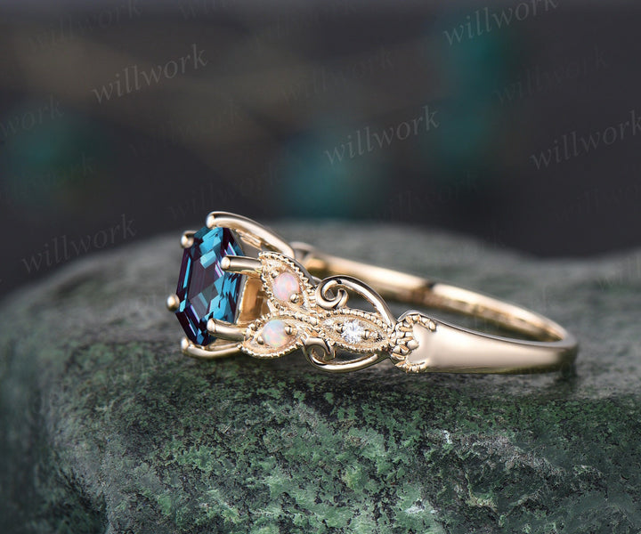 Hexagon Alexandrite ring vintage leaf opal ring 14k yellow gold unique butterfly engagement ring women Milgrain moissanite wedding ring gift