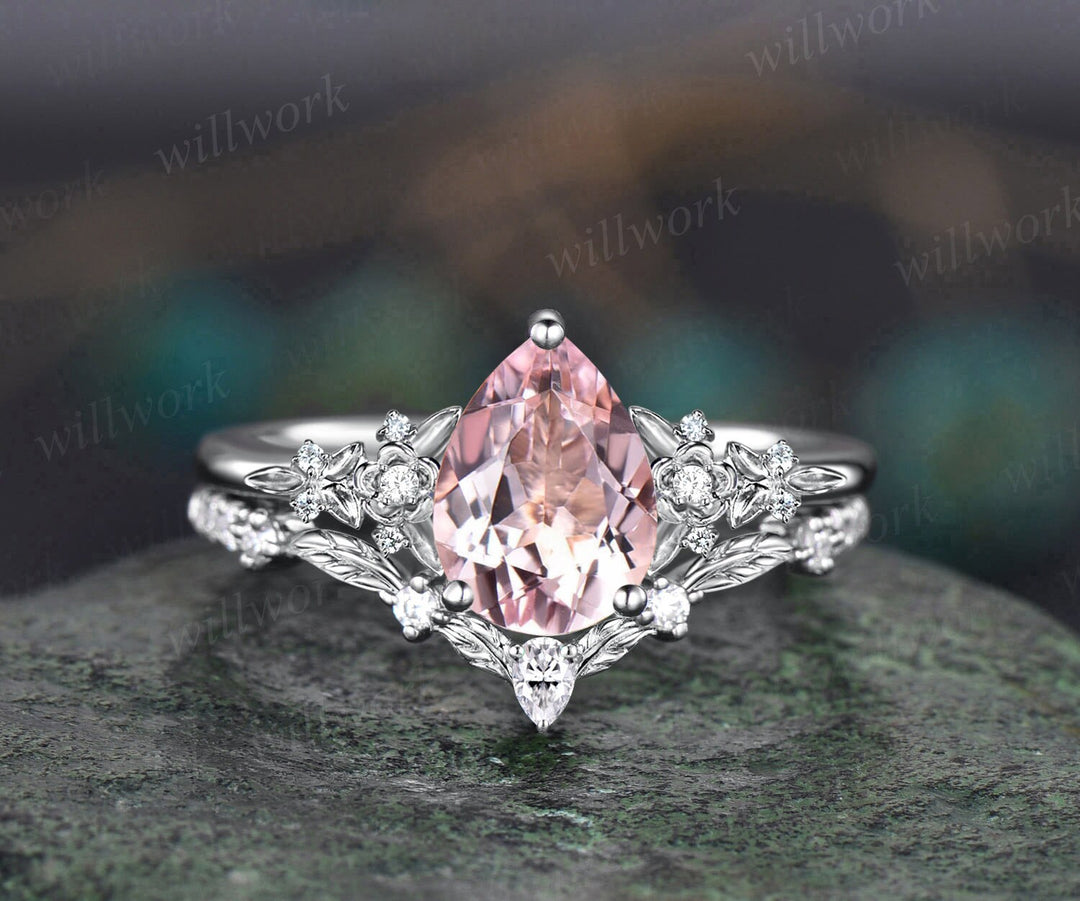 Vintage pear pink morganite engagement ring floral leaf diamond ring solid 14k  rose gold nature inspired bridal wedding ring set women