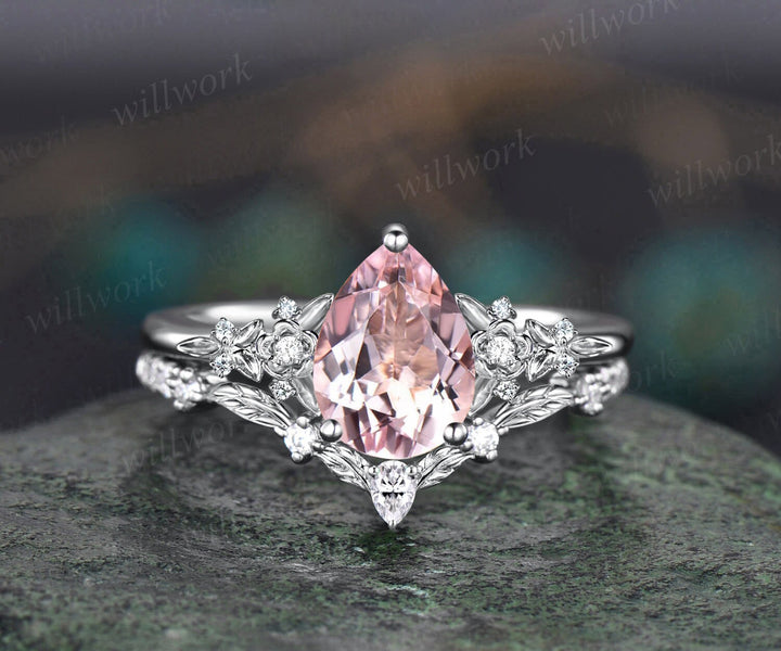 Vintage pear pink morganite engagement ring floral leaf diamond ring solid 14k  rose gold nature inspired bridal wedding ring set women
