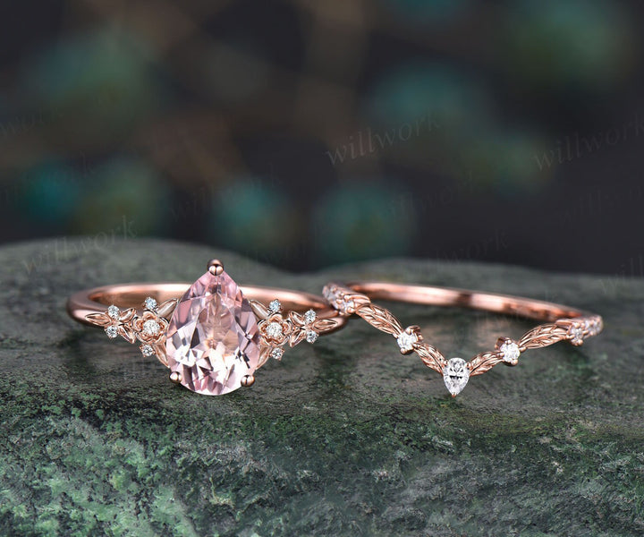 Vintage pear pink morganite engagement ring floral leaf diamond ring solid 14k  rose gold nature inspired bridal wedding ring set women