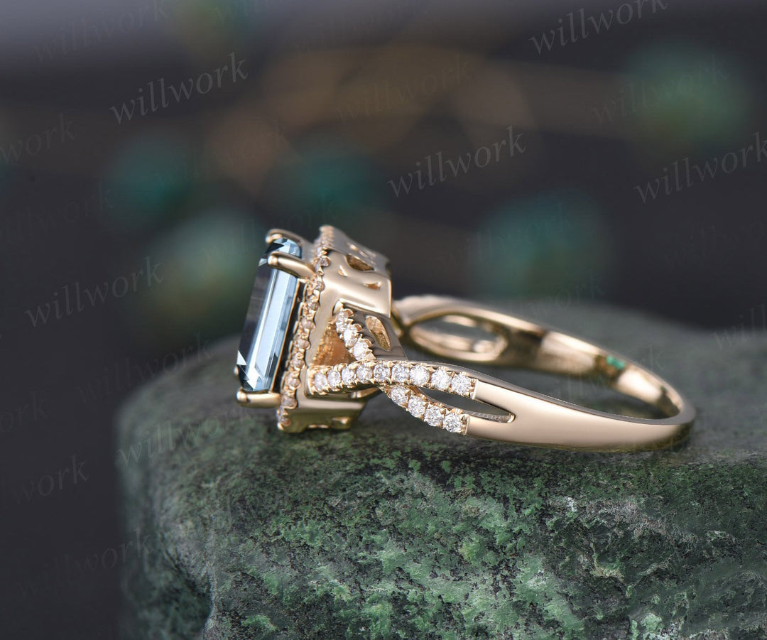 Emerald cut Aquamarine ring vintage infinity halo unique engagement ring twisted diamond ring solid yellow gold promise wedding ring women