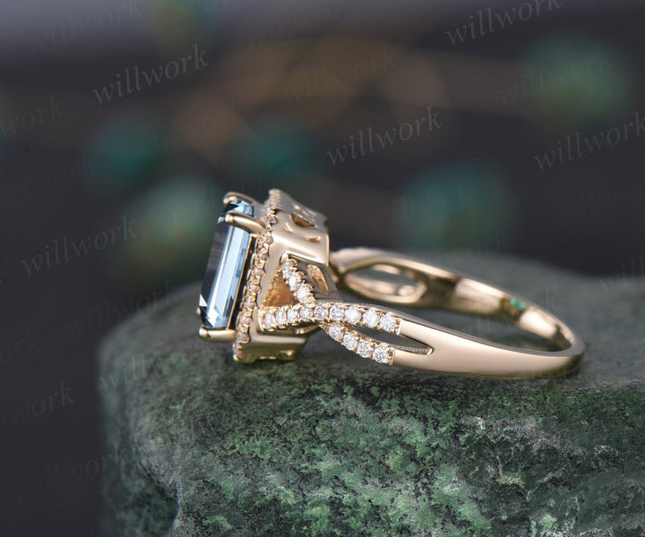Emerald cut Aquamarine ring vintage infinity halo unique engagement ring twisted diamond ring solid yellow gold promise wedding ring women