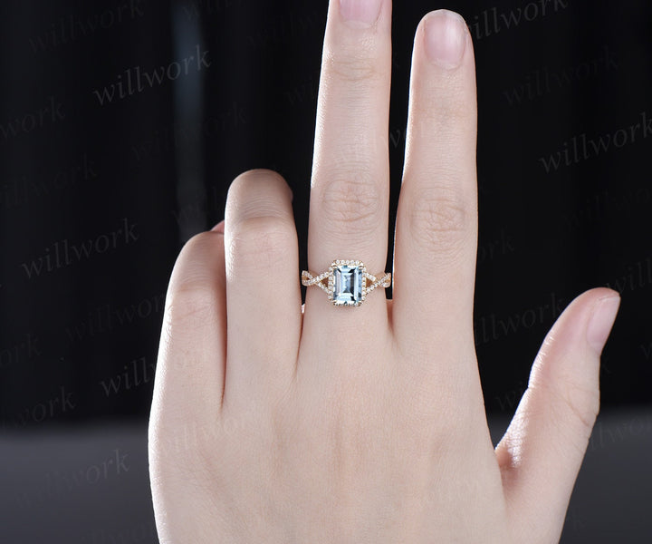Emerald cut Aquamarine ring vintage infinity halo unique engagement ring twisted diamond ring solid yellow gold promise wedding ring women