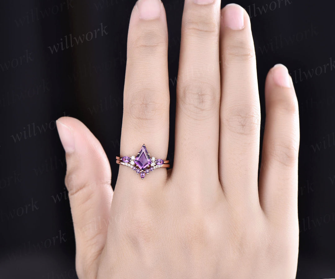 Vintage kite cut amethyst engagement ring art deco rose gold moissanite ring 6 prong bridal wedding ring set women gemstone crystal ring