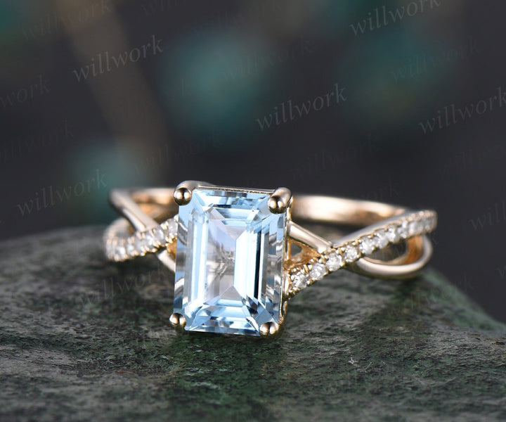 Vintage emerald cut natural Aquamarine engagement ring solid 14k yellow gold eternity infinity Twisted diamond wedding bridal ring women
