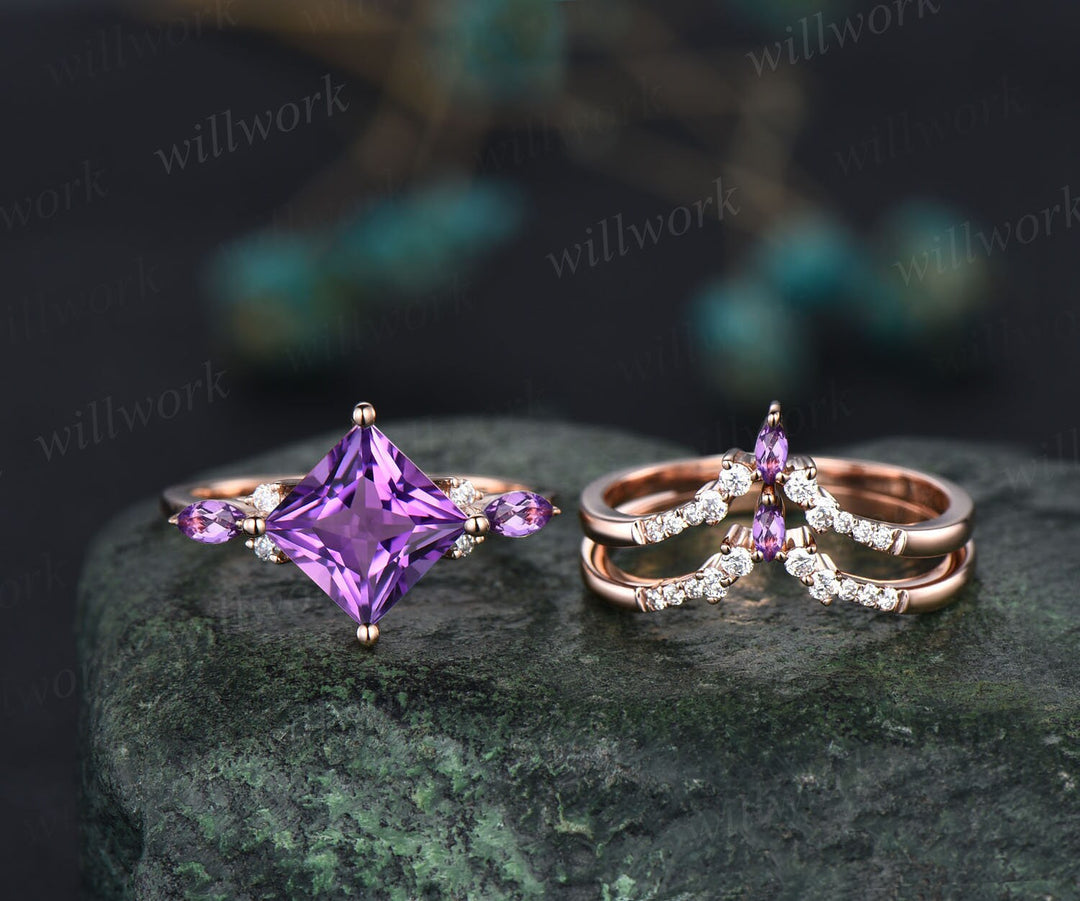 Vintage princess cut amethyst engagement ring rose gold art deco stacking moissanite wedding bridal ring set women purple gemstone gift