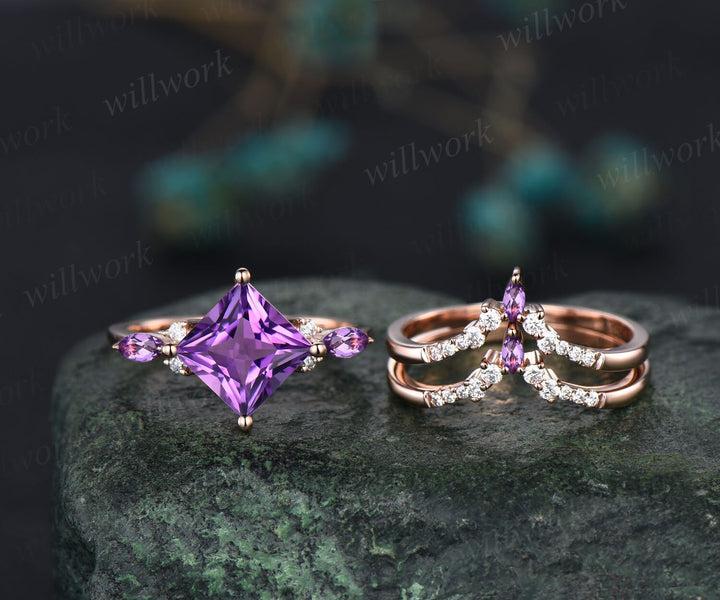 Vintage princess cut amethyst engagement ring rose gold art deco stacking moissanite wedding bridal ring set women purple gemstone gift