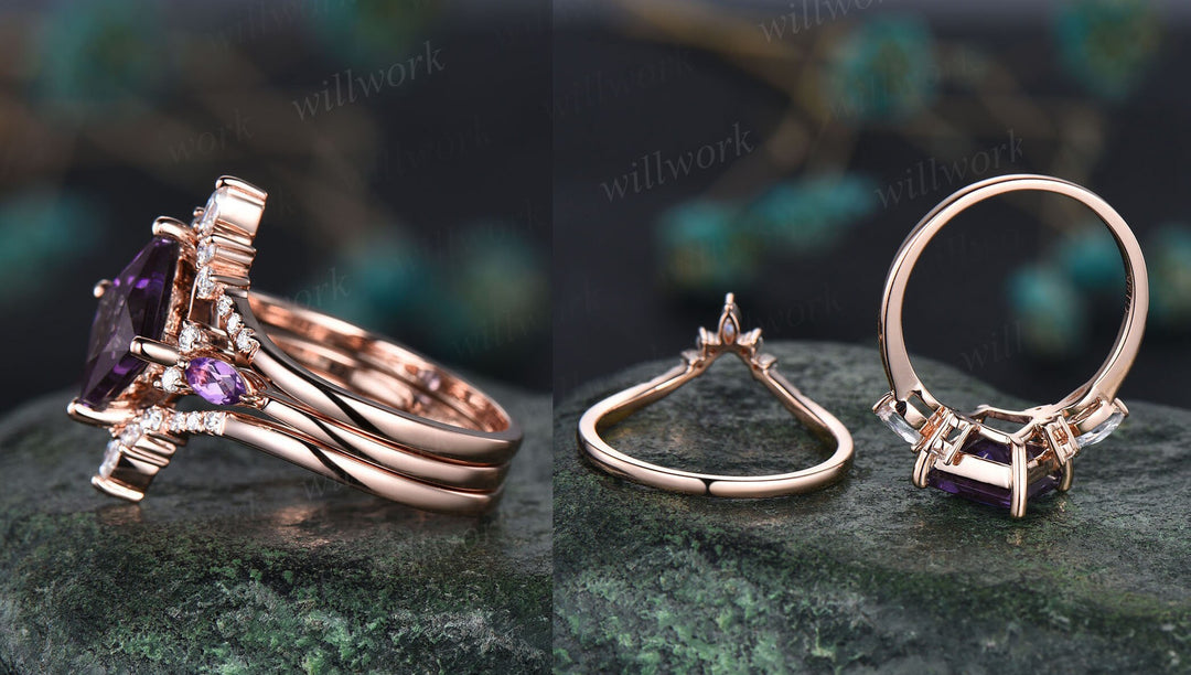 Vintage princess cut amethyst engagement ring rose gold art deco stacking moissanite wedding bridal ring set women purple gemstone gift