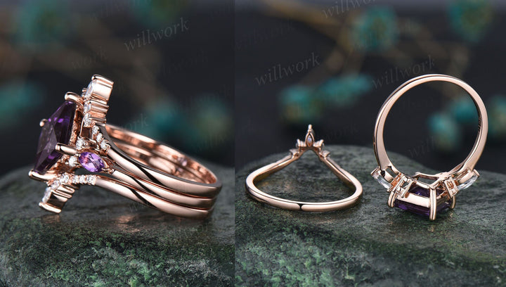 Vintage princess cut amethyst engagement ring rose gold art deco stacking moissanite wedding bridal ring set women purple gemstone gift